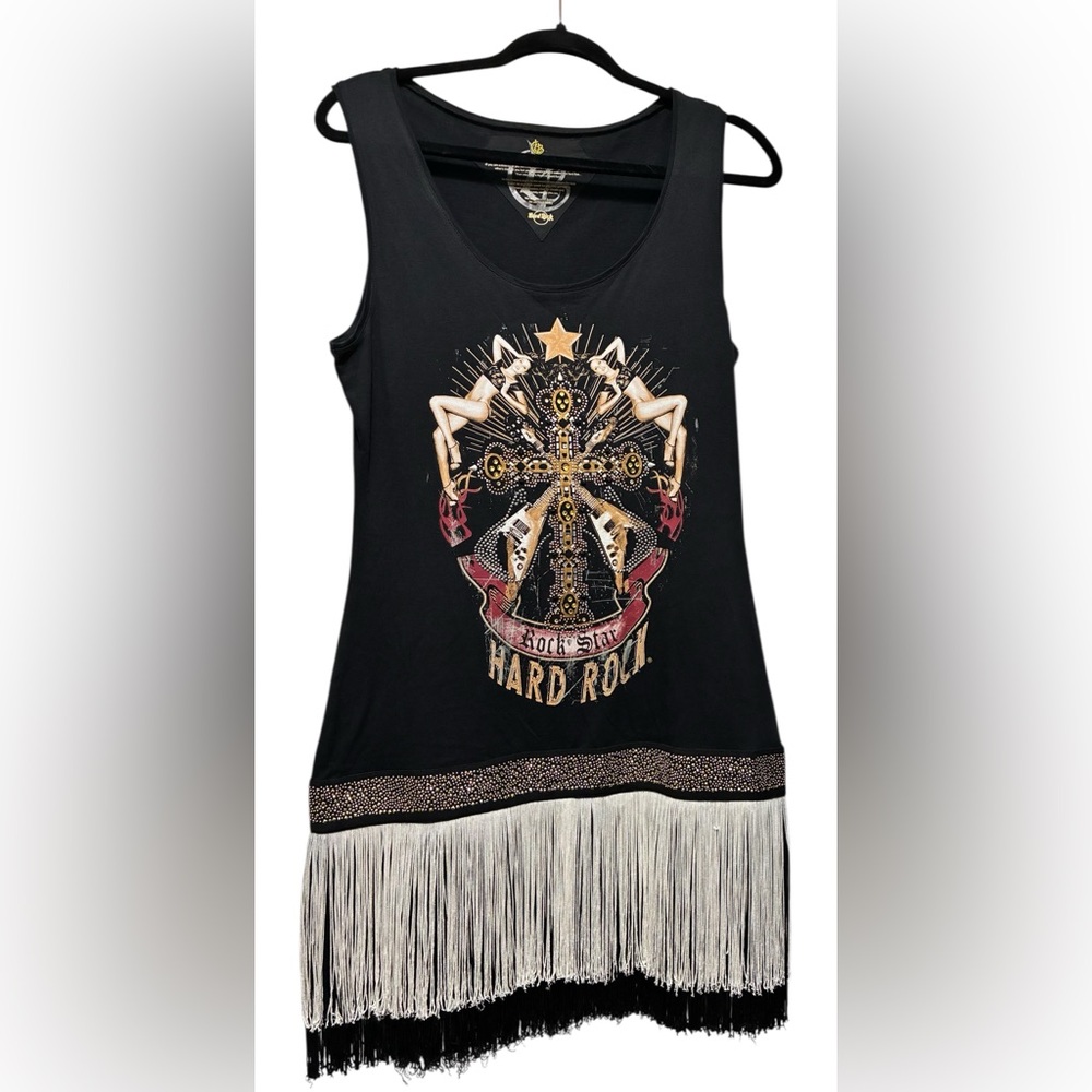 Black Hard Rock Cafe Fringe T-shirt material Tank/Tunic. Does not have stretch.